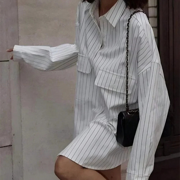 White Casual Women's Striped Large Pockets Long Sleeve Shirt - Picture 6 of 7